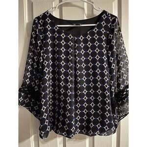AGB sz S Ladies black blue white dressy top vacay polyester geometric print